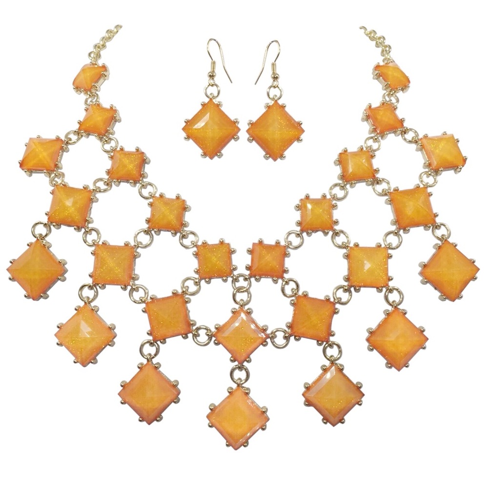 Orange Glitter Squares Large Necklace Earrings Set